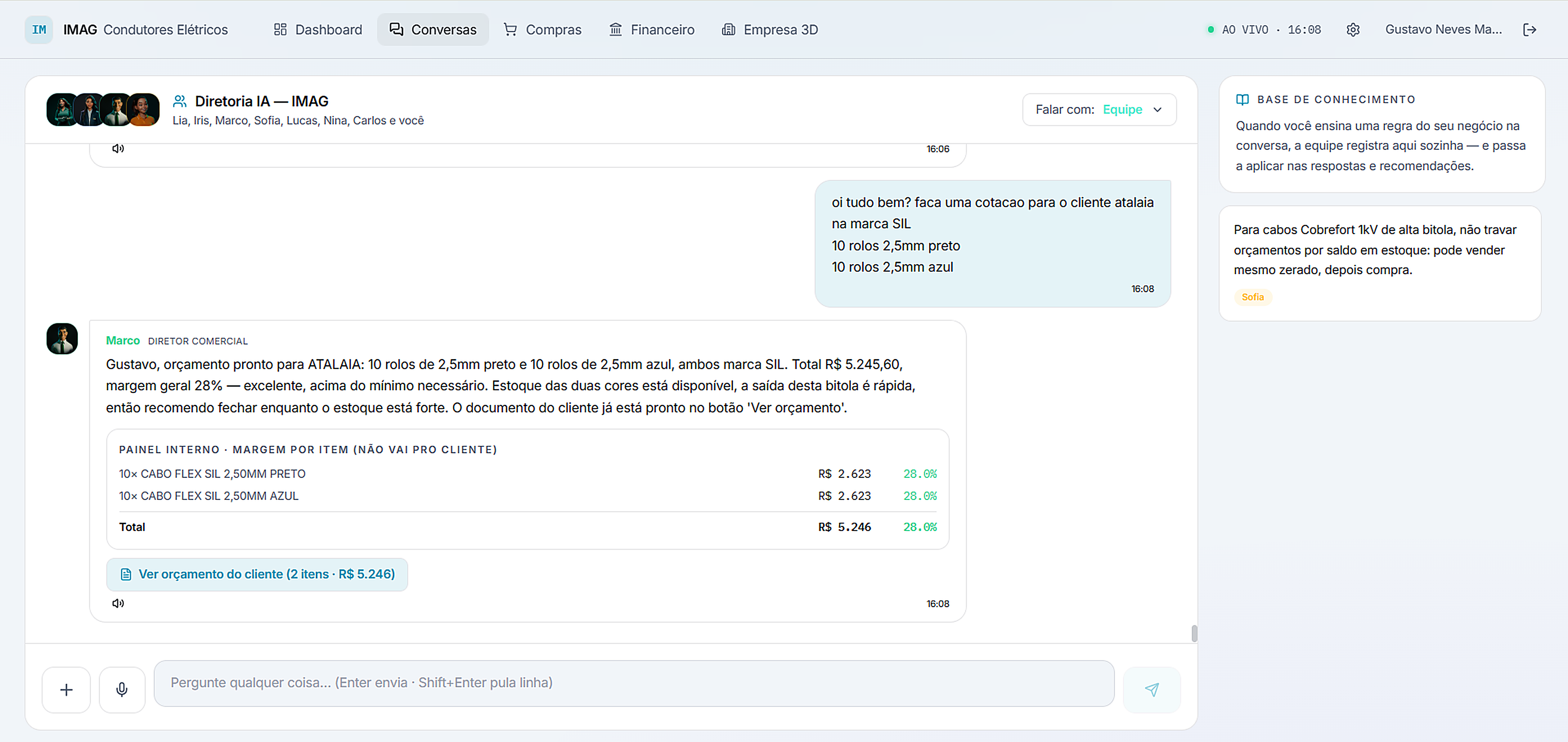 Chat da Apex com o agente Iris respondendo a margem de um pedido