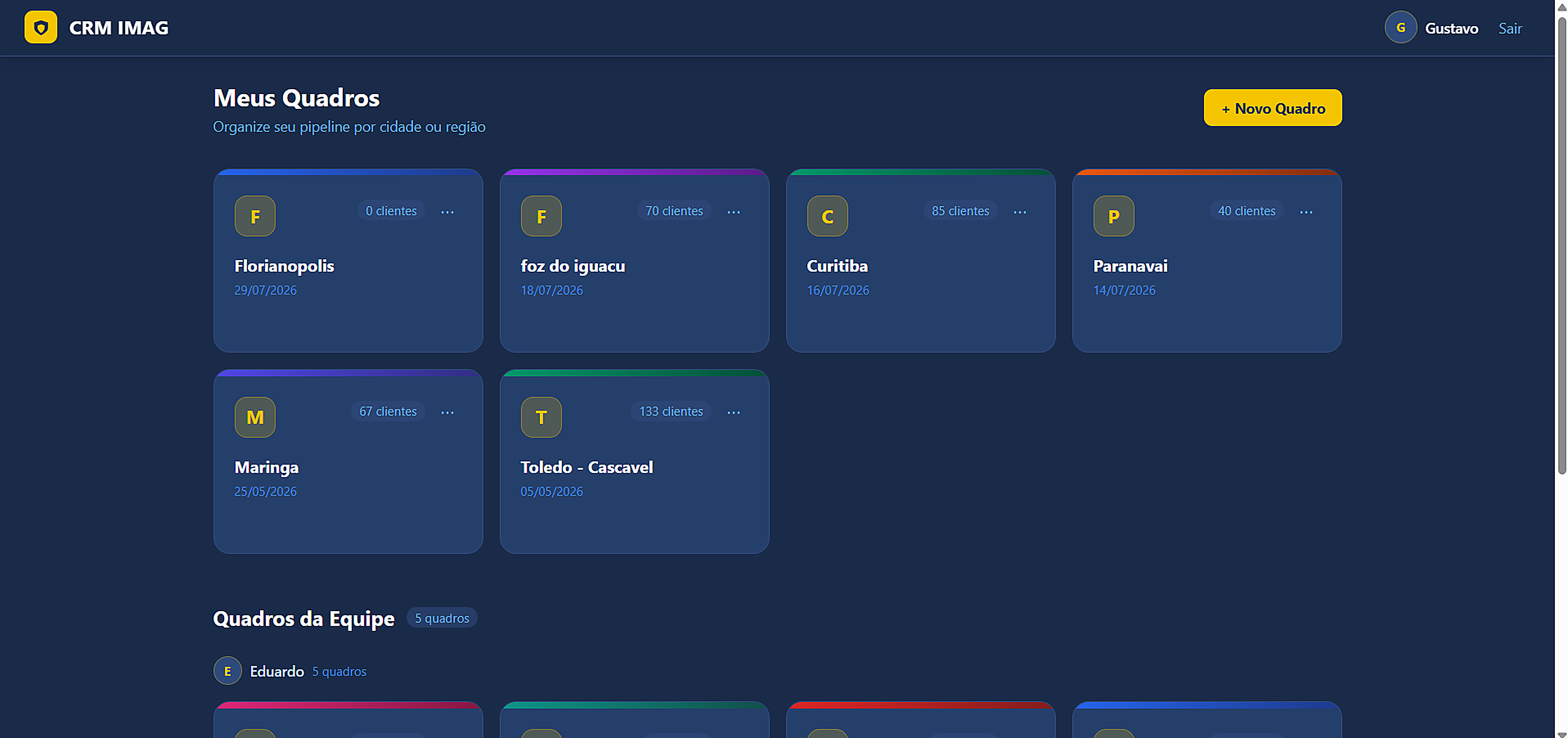 Tela Meus Quadros do CRM Apex com pipelines organizados por cidade