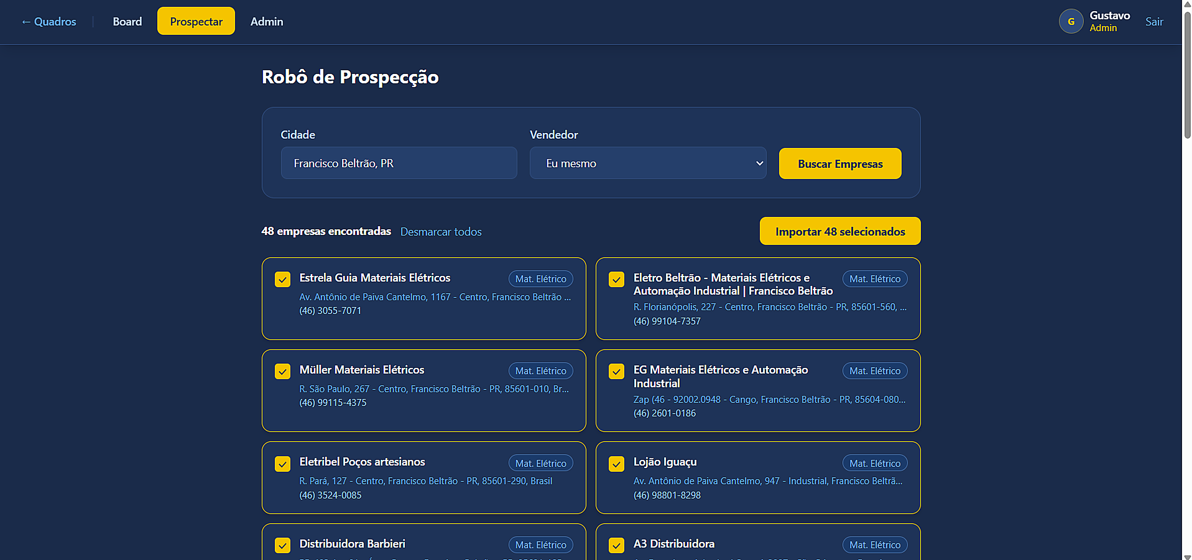 Robô de prospecção do CRM Apex listando empresas encontradas por cidade