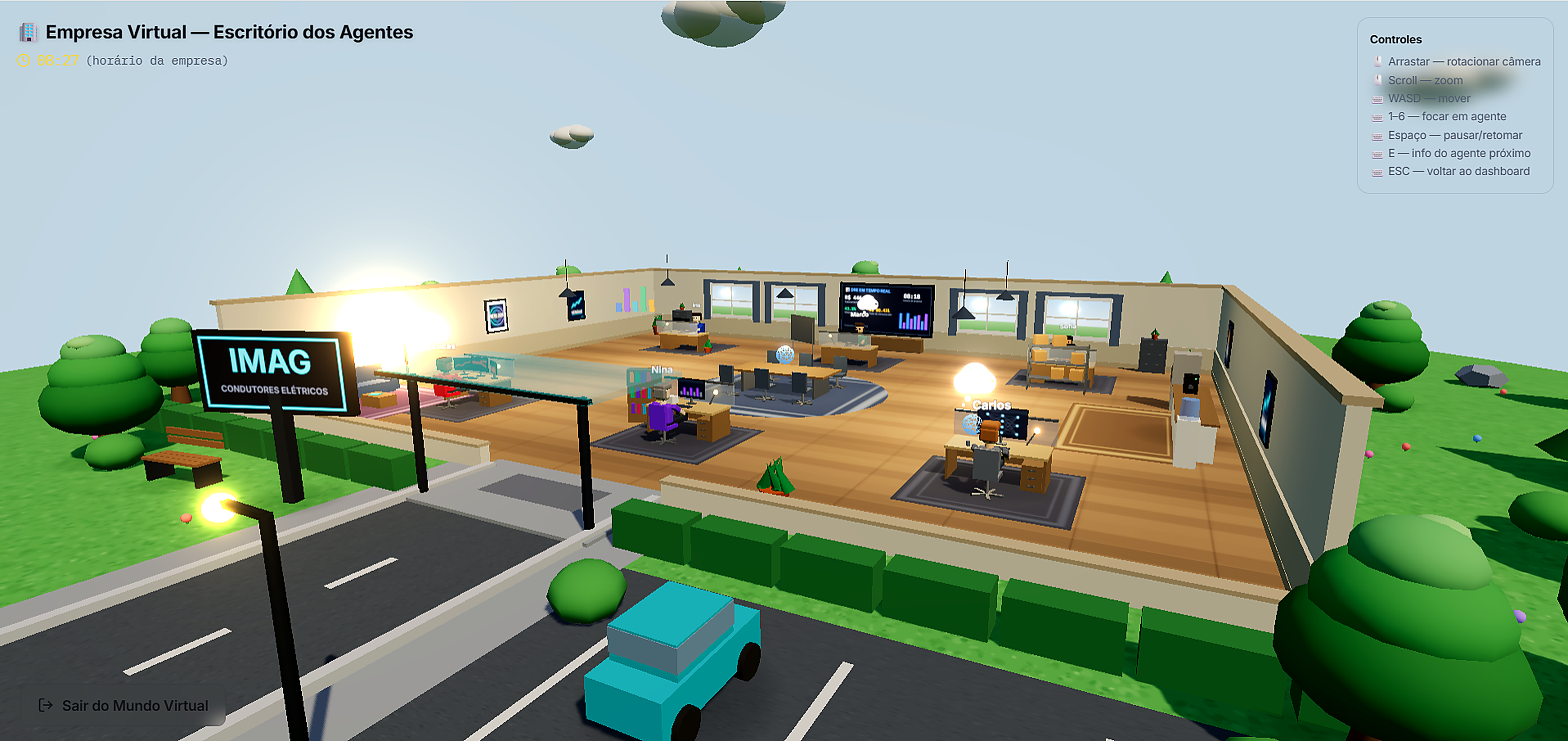 Empresa 3D da Apex: escritório virtual navegável com os agentes trabalhando