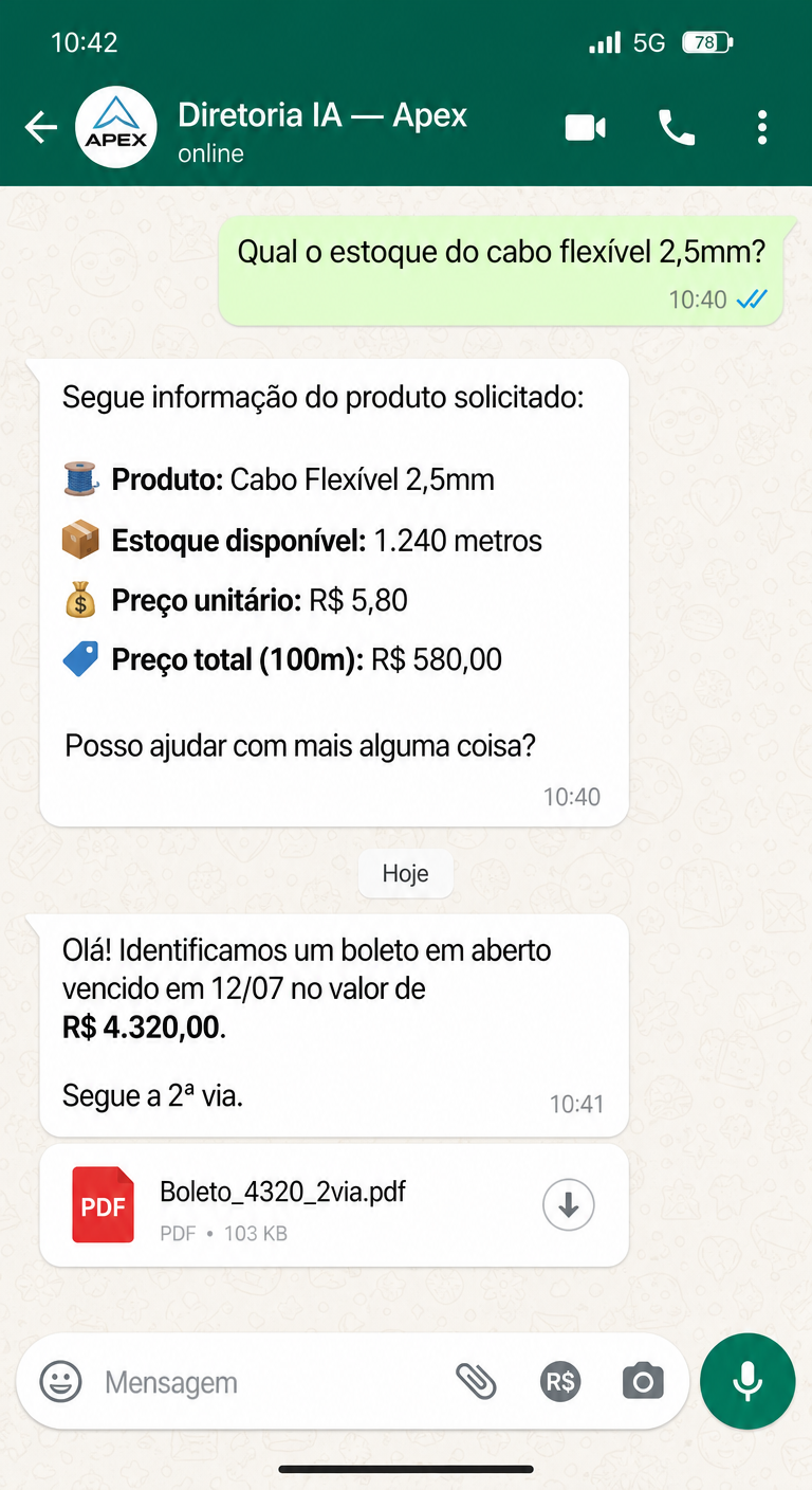 Conversa no WhatsApp com a Diretoria de IA da Apex respondendo estoque e preço de um produto