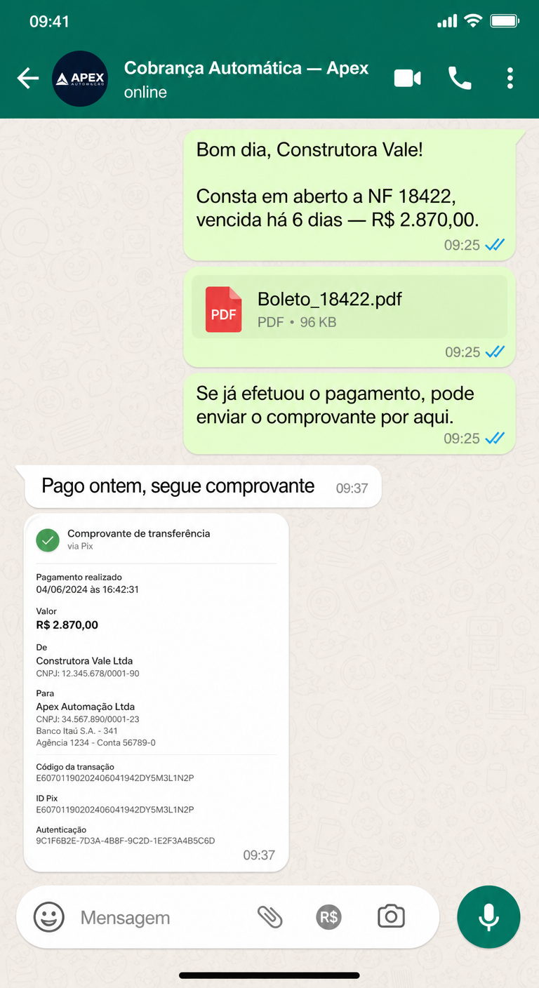 Robô de cobrança da Apex enviando boleto atrasado pelo WhatsApp